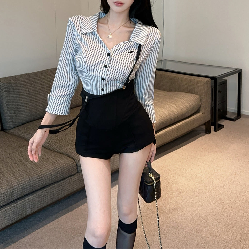 Sexy Contrasting Lapel Shirt And High-Waisted Overalls Shorts Set