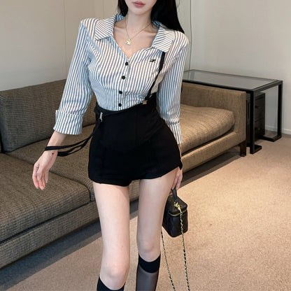 Sexy Contrasting Lapel Shirt And High-Waisted Overalls Shorts Set