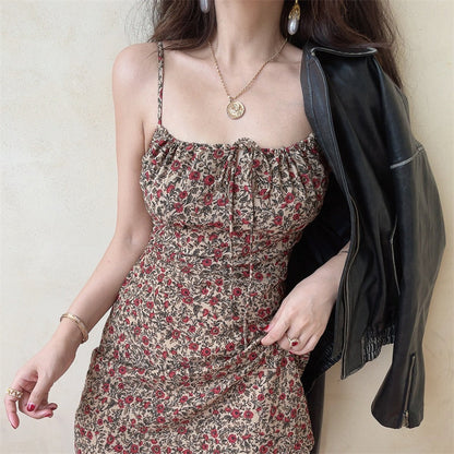 Retro Square Neck Floral Print Fitted Waist Sundress