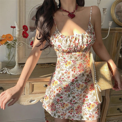 French Retro V-Neck Fitted Waist Floral Dress