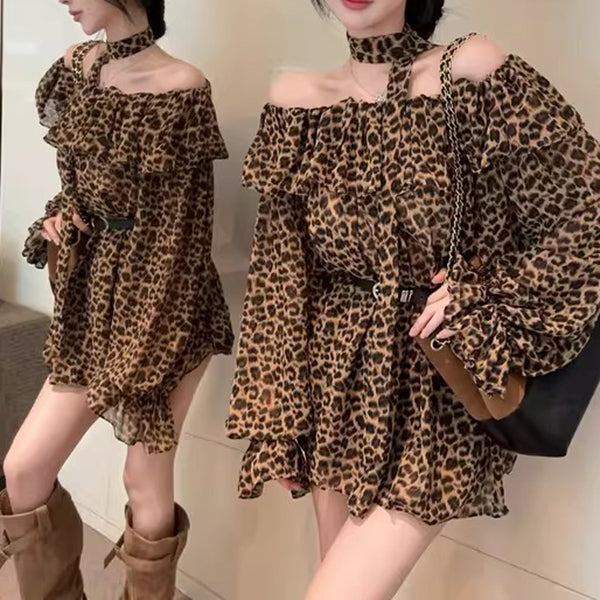 Retro Sexy Leopard Print Off-Shoulder T-Shirt With Belt