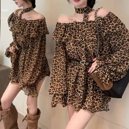 Retro Sexy Leopard Print Off-Shoulder T-Shirt With Belt