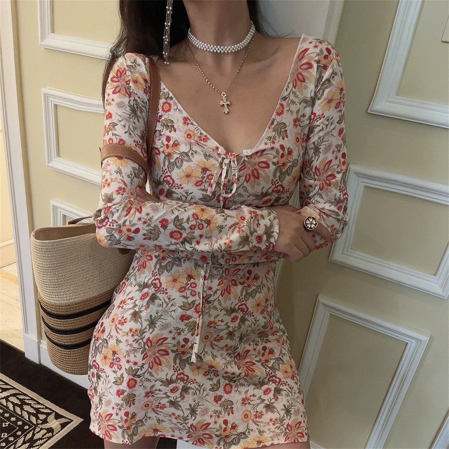 French Retro V-Neck Fitted Waist Floral Dress