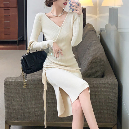 Sexy V-Neck Drawstring Knit Dress