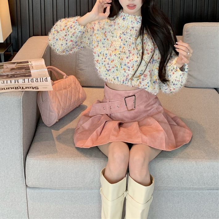 Sexy Colorful Crochet Knit Sweater And Pleated Skirt Set