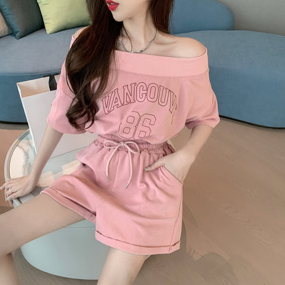Athleisure-Style Off-Shoulder Printed T-Shirt And Shorts Set