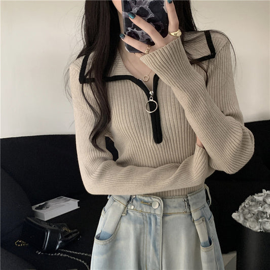 Polo Collar Sweater Zip-Up Knit Top