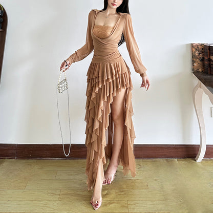 Solid Color Square Neck Long Sleeve Top Sexy Temperament Irregular Slit Skirt Suit