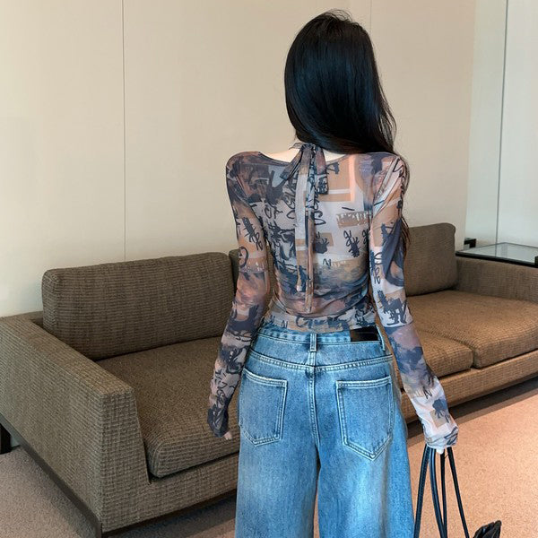 Halter Neck Irregular Fashion Sexy Print Long-Sleeved T-Shirt