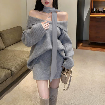 Off-Shoulder Loose Bow Tie Knit Sweater And Skirt Two-Piece Set