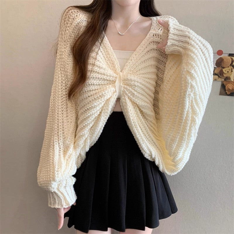 V-Neck Bow-Tie Knit Long-Sleeved Top