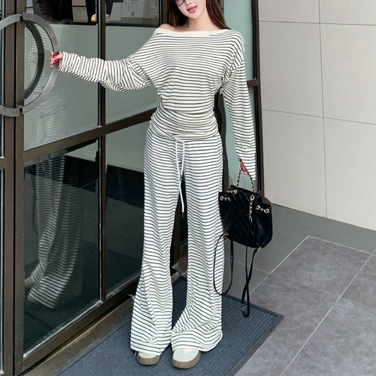 Sexy Color-Block Striped Wide-Leg Trouser Set