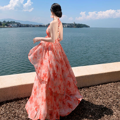 Spaghetti Strap V-Neck Backless Vacation Dress
