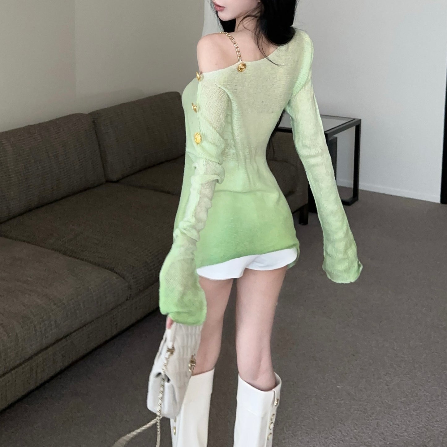 Gradient Color Off-Shoulder Metal Button Sexy Irregular Long-Sleeved Blouse