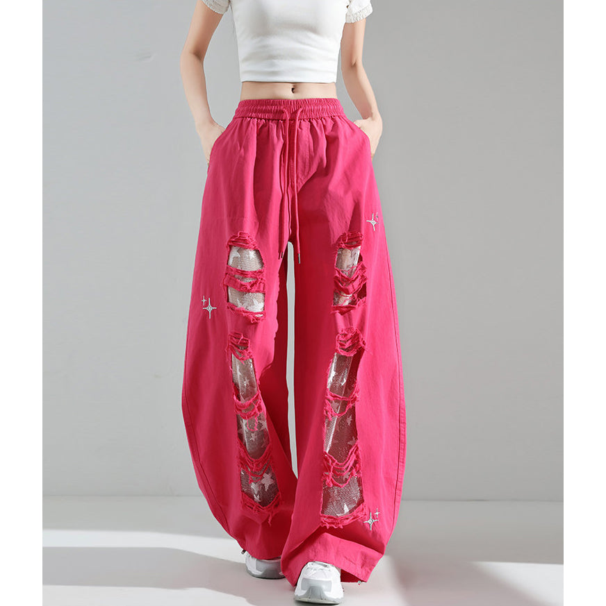 Fashionable Embroidered Lace Patchwork Curved Trousers