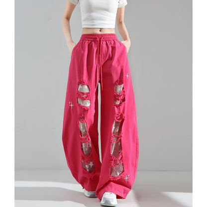 Fashionable Embroidered Lace Patchwork Curved Trousers