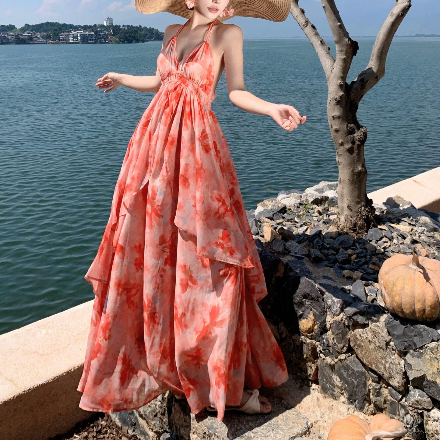 Spaghetti Strap V-Neck Backless Vacation Dress