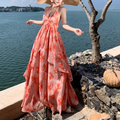 Spaghetti Strap V-Neck Backless Vacation Dress