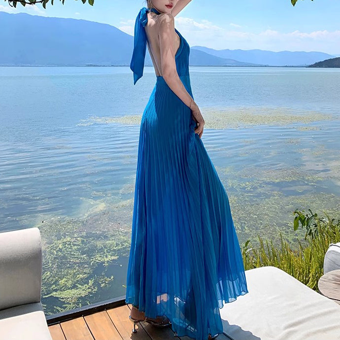 Halter Neck Flowing Chiffon Backless Holiday Dress