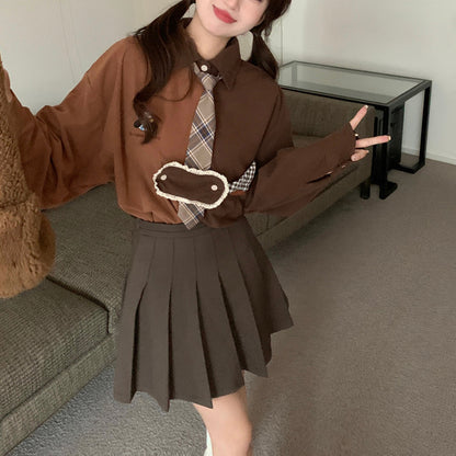 Retro Embroidered Corduroy Color-Blocked Tie Shirt