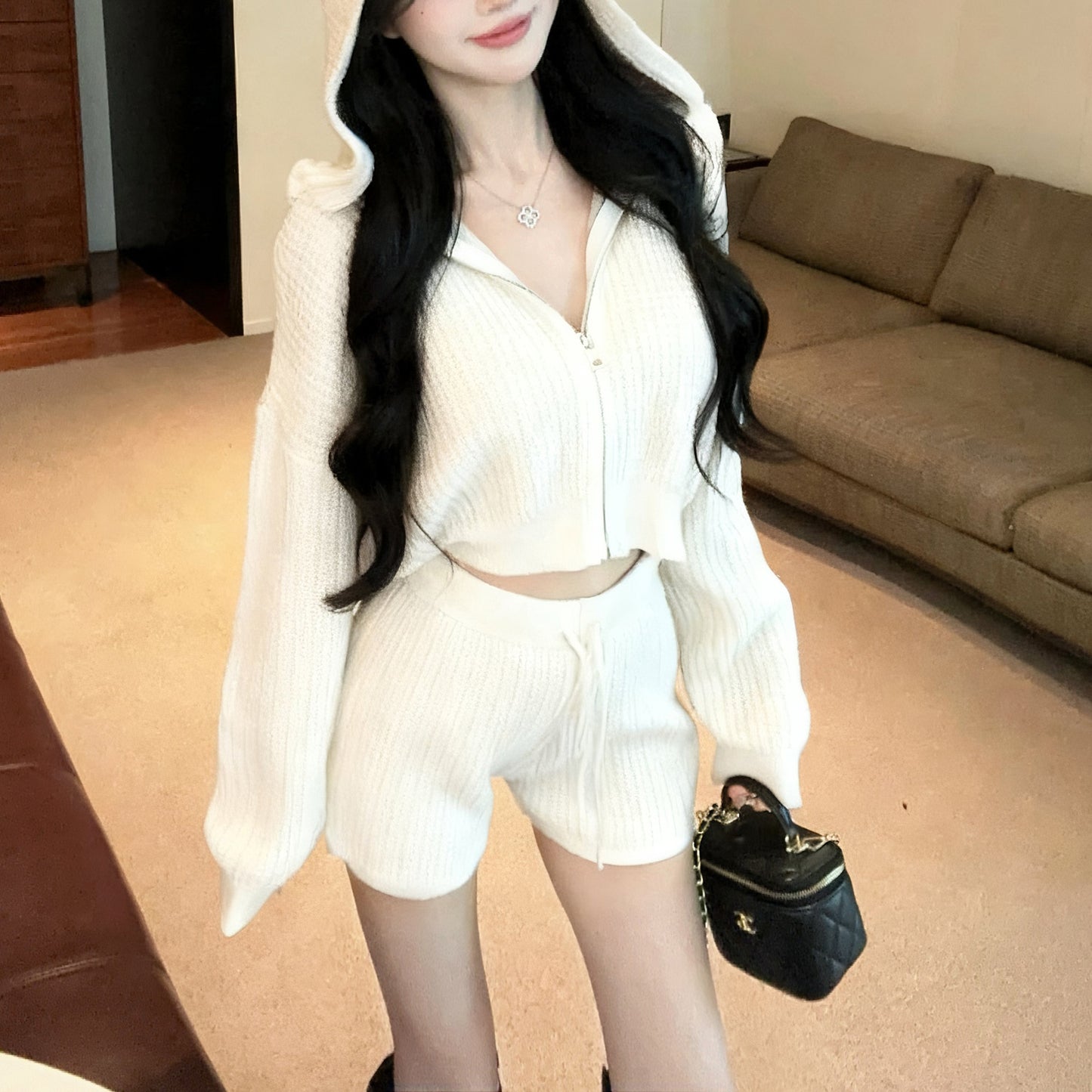 Casual Fashion Hooded Loose Long Sleeve Knitted Cardigan Sweater Drawstring Shorts Two-Piece Set