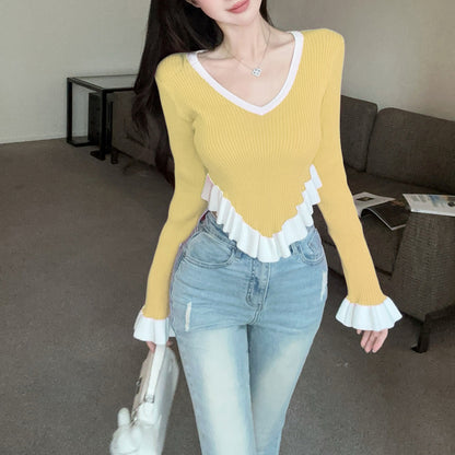 Ruffle Contrast Color Fashionable Sexy Irregular Long-Sleeved Knitted T-Shirt