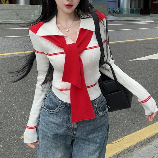 Niche Sexy Contrast Color Lapel Sweater Top