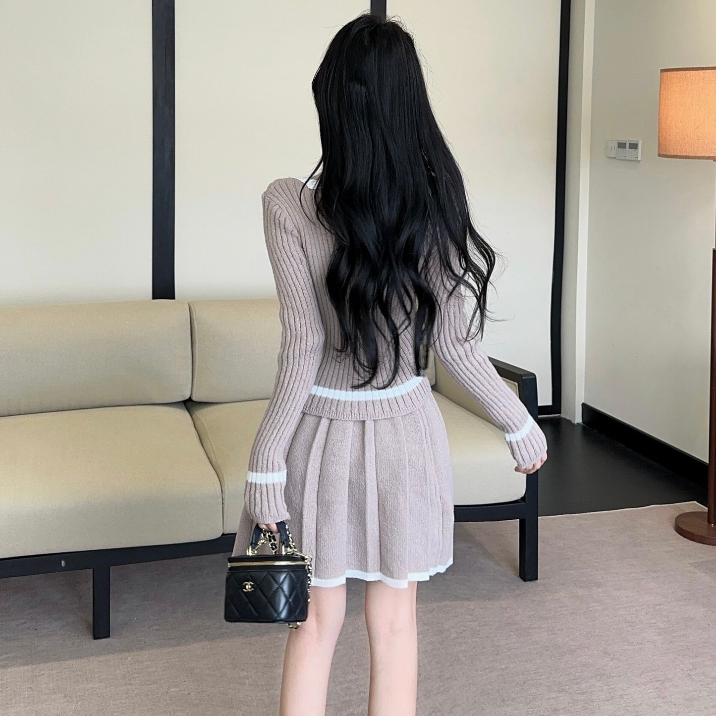 Sexy Color-Block Collared Long-Sleeve Top And High-Waisted Skirt Set