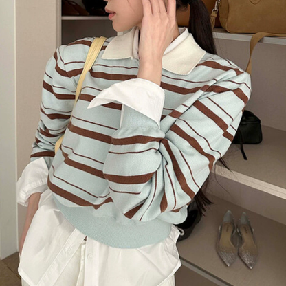 Stylish Color-Blocked Collared Loose Striped Long-Sleeved Knit Sweater