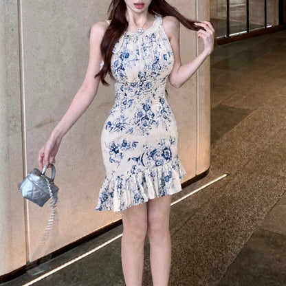 New Chinese-Style Ink-Wash Print Off-Shoulder Sleeveless Dress