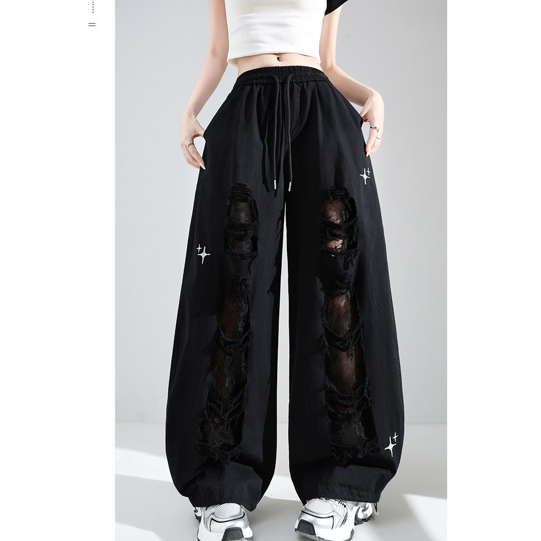 Fashionable Embroidered Lace Patchwork Curved Trousers