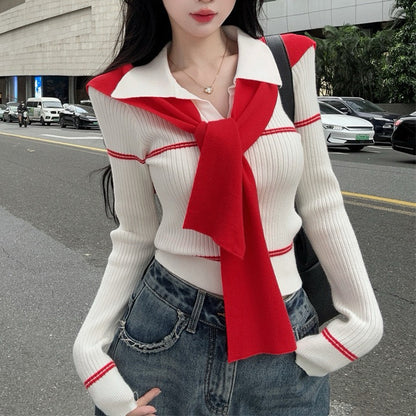 Niche Sexy Contrast Color Lapel Sweater Top