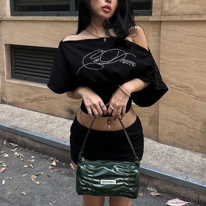Trendy Letter-Print Off-Shoulder Fitted Top