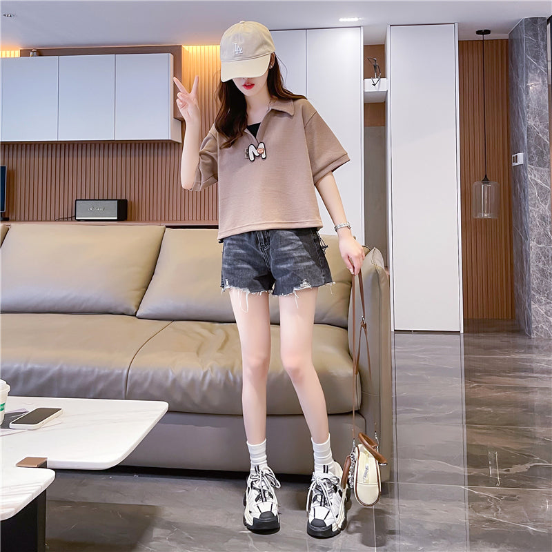 Loose Oversized Polo Neck Short-Sleeved Top