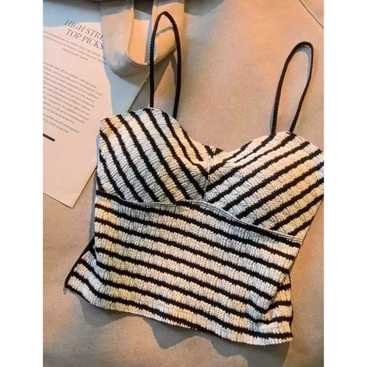 Black And White Striped Tank Top With Built-In Bra Pads