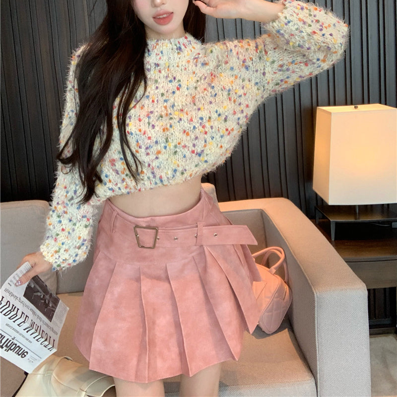 Sexy Colorful Crochet Knit Sweater And Pleated Skirt Set
