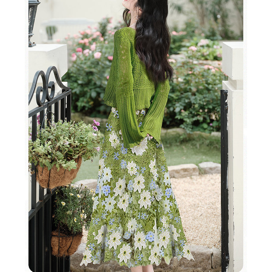 Green Cardigan And Hollow-Out Strap Dress Two-Piece Set