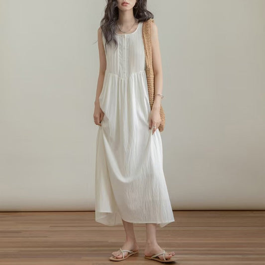 Stylish Solid-Color Cotton-Linen Dress