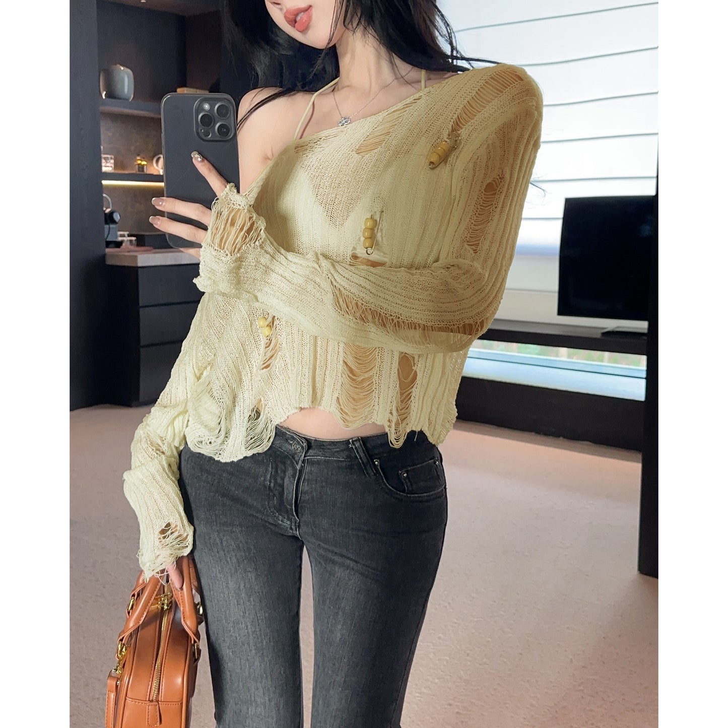 Hollow Loose See-Through Knitted Cardigan Top