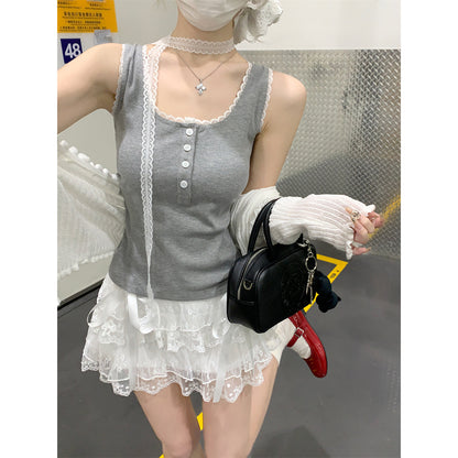 Lace-Paneled Square-Neck Sleeveless Camisole Top