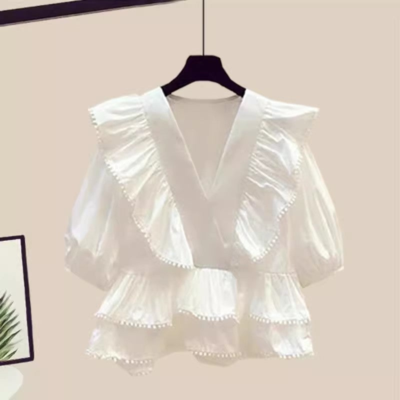 Ruffled V-Neck Short-Sleeved Mesh Skirt Two-Piece Set