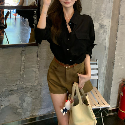 Polo-Collar Single-Breasted Shirt And Loose Shorts Set