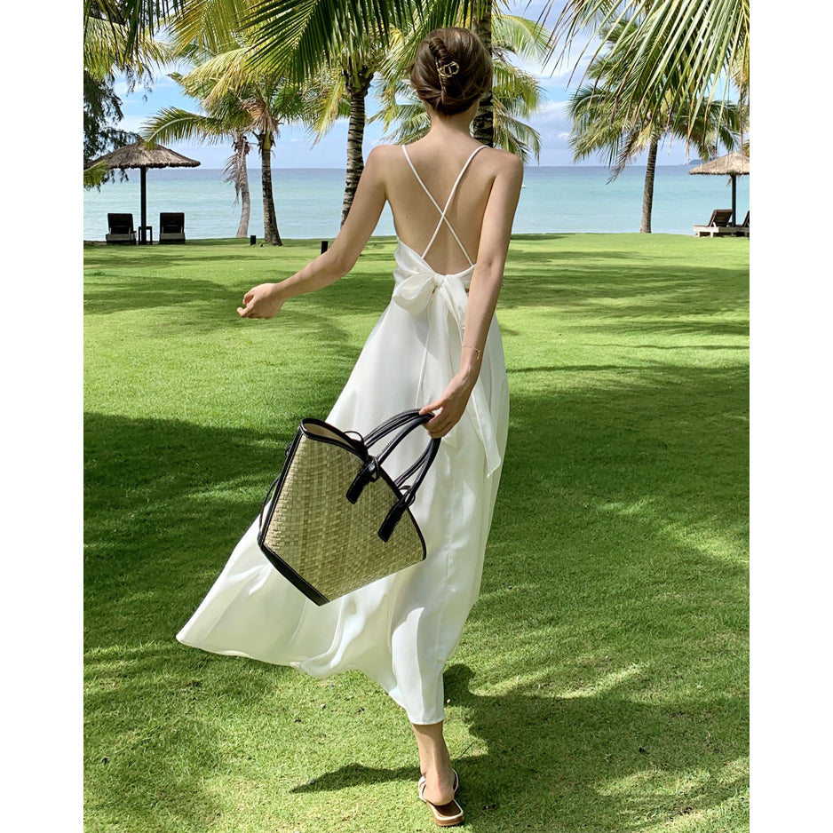 White Sexy Backless Spaghetti-Strap Vacation Dress