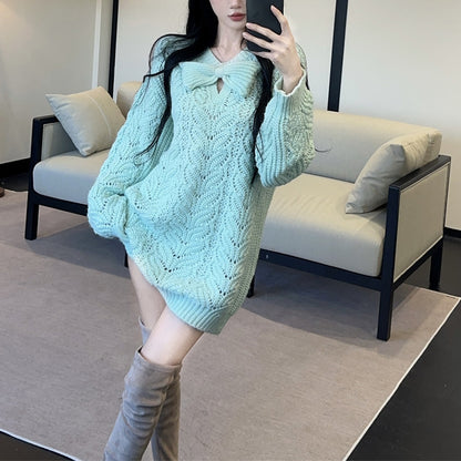Lazy Style Sweet And Sexy Bow Knitted Sweater Dress