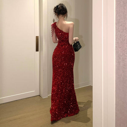 High-Slit Sequined Party Dress