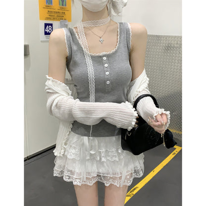 Lace-Paneled Square-Neck Sleeveless Camisole Top