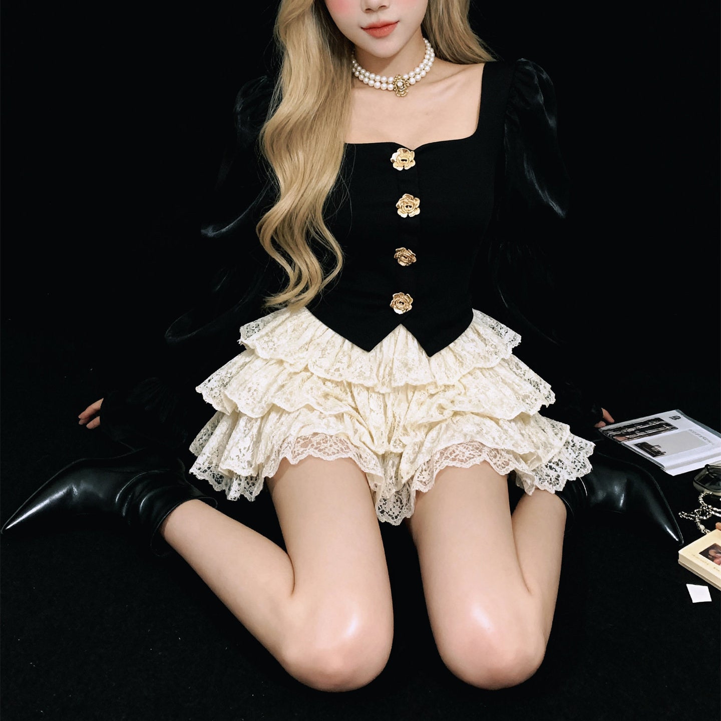 French Retro Lantern Sleeve Black Shirt