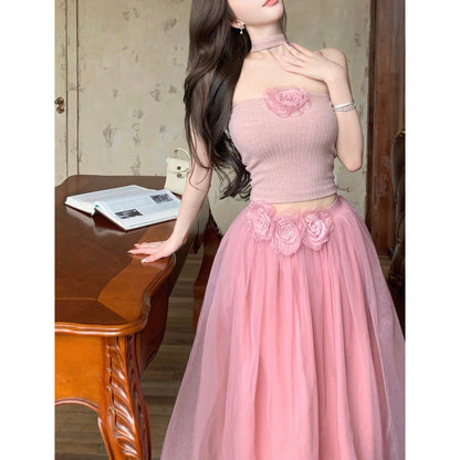 Sweet And Elegant Strapless Crop Top And High-Waisted Loose Mesh Skirt Set