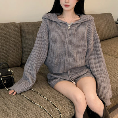 Casual Fashion Hooded Loose Long Sleeve Knitted Cardigan Sweater Drawstring Shorts Two-Piece Set