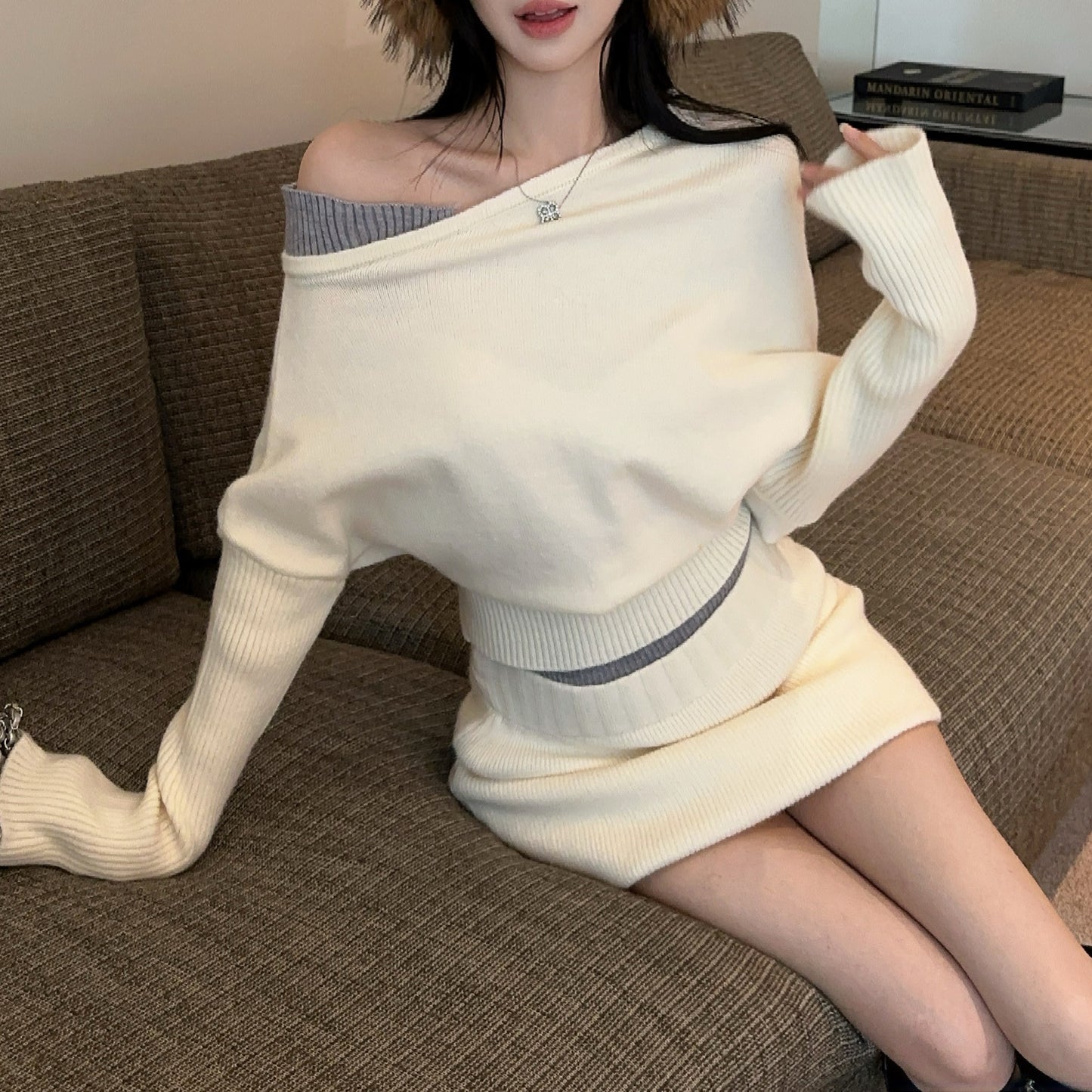 Fake Two-Piece Sexy Contrast Color Off-Shoulder Knitted Sweater Skirt Set